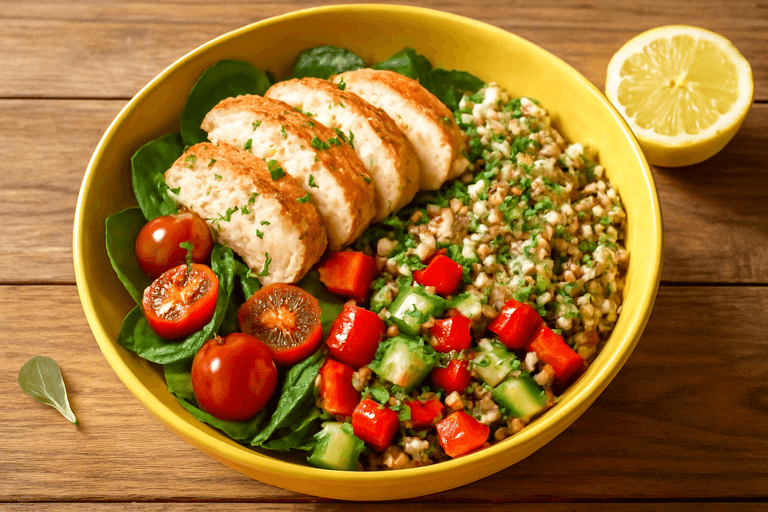 Proteinrik kycklingsallad med quinoa och färska grönsaker