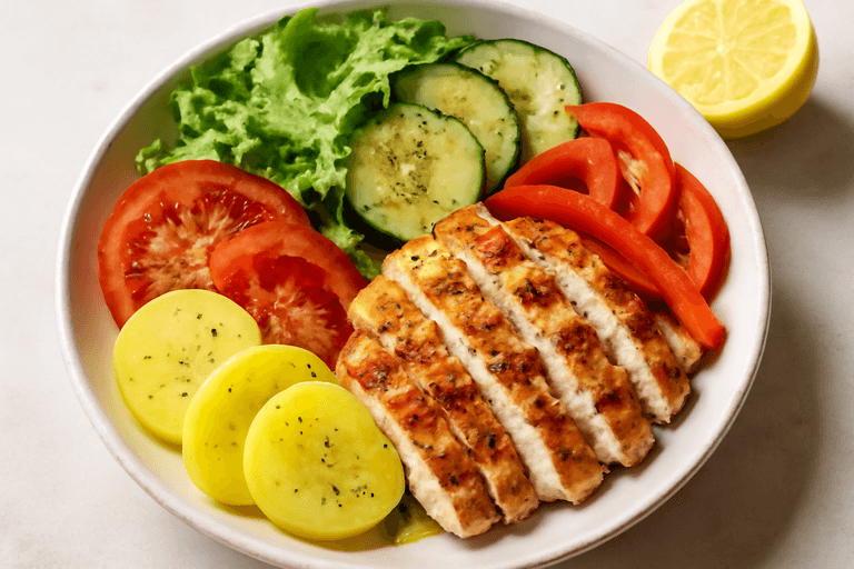 Ψητή Σαλάτα Κοτόπουλο με Βραστή Πατάτα και Λαχανικά