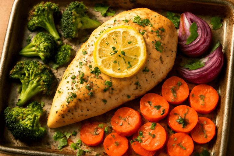 Leichtes Zitronen-Kräuter-Hähnchen mit Ofengemüse
