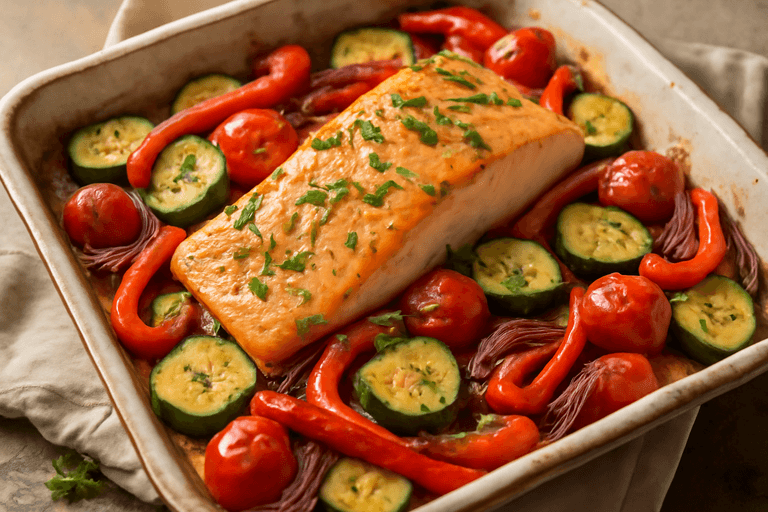 Salmón al Horno con Verduras Mediterráneas