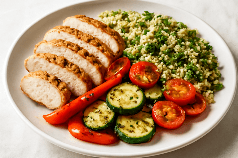 Pui la grătar cu legume colorate și salată de quinoa