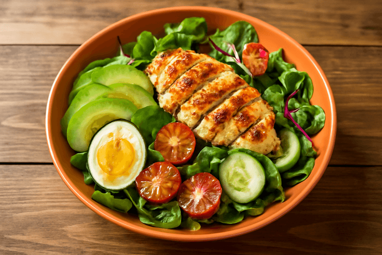 Salată clasică cu piept de pui, avocado și legume proaspete