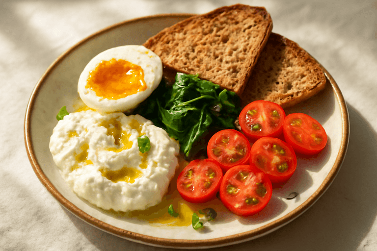 Śniadaniowa misa mocy z jajkiem, szpinakiem i twarogiem