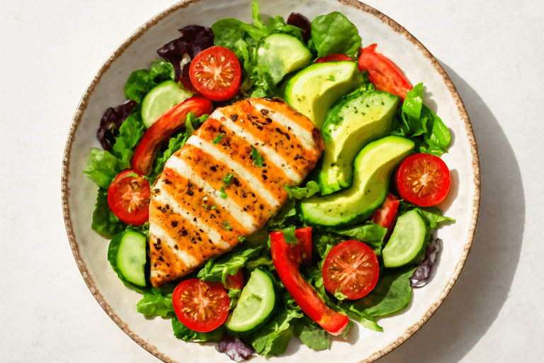 Sałatka z grillowanym kurczakiem, awokado i warzywami