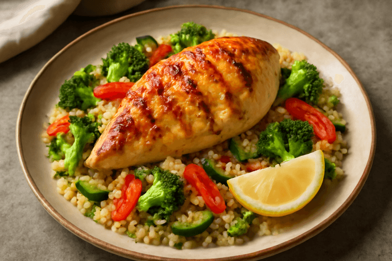 Grillowana pierś z kurczaka z warzywami i kaszą bulgur