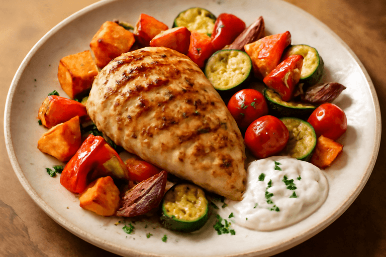 Gegrilde Kippenfilet met Geroosterde Groenten & Lichte Yoghurt-Mosterdsaus