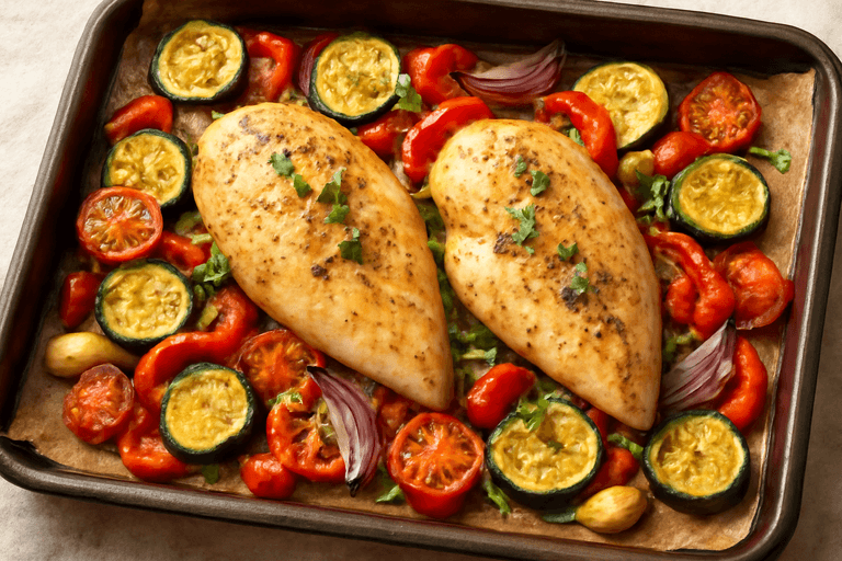 Piept de pui la cuptor cu legume mediteraneene