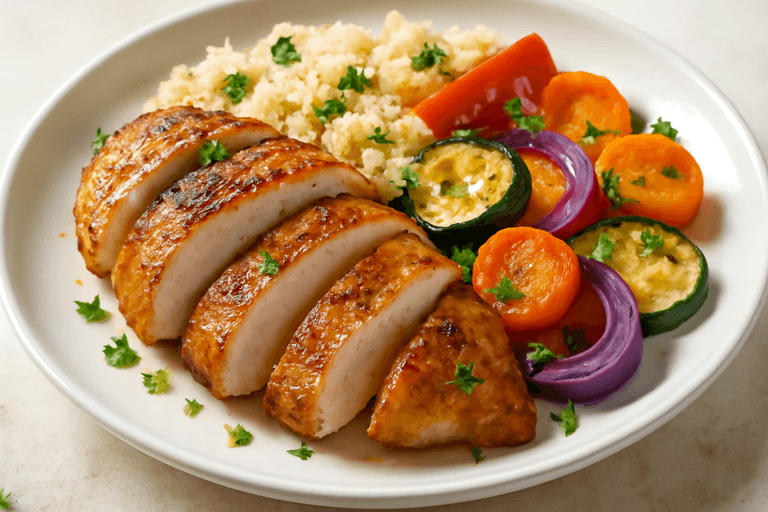 Knapperige kipfilet met geroosterde groenten en quinoa