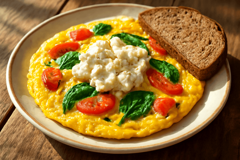 Mic dejun sățios cu omletă și legume proaspete