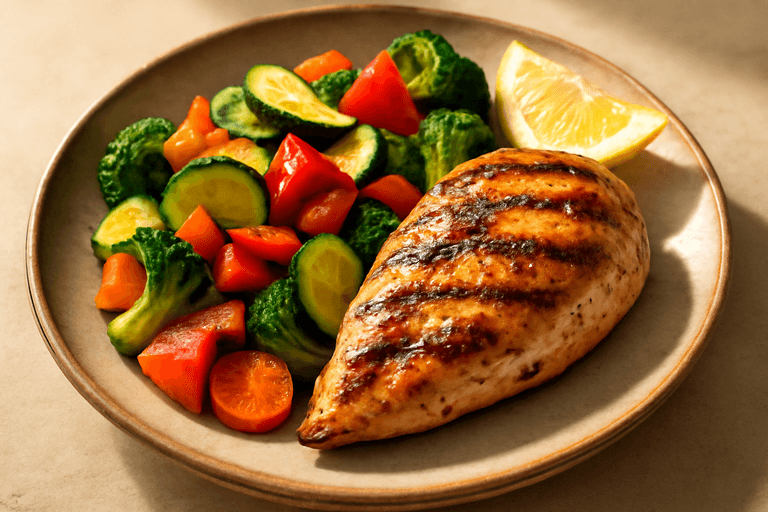 Piept de pui la grătar cu legume sotate