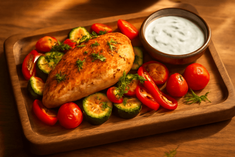 Запеченное куриное филе с овощами и йогуртовым соусом