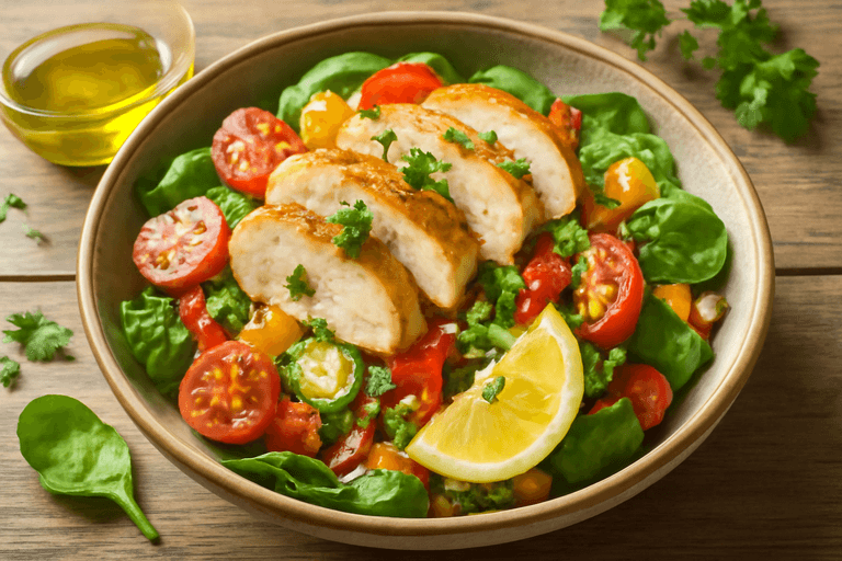 Легкий куриный салат с киноа и овощами