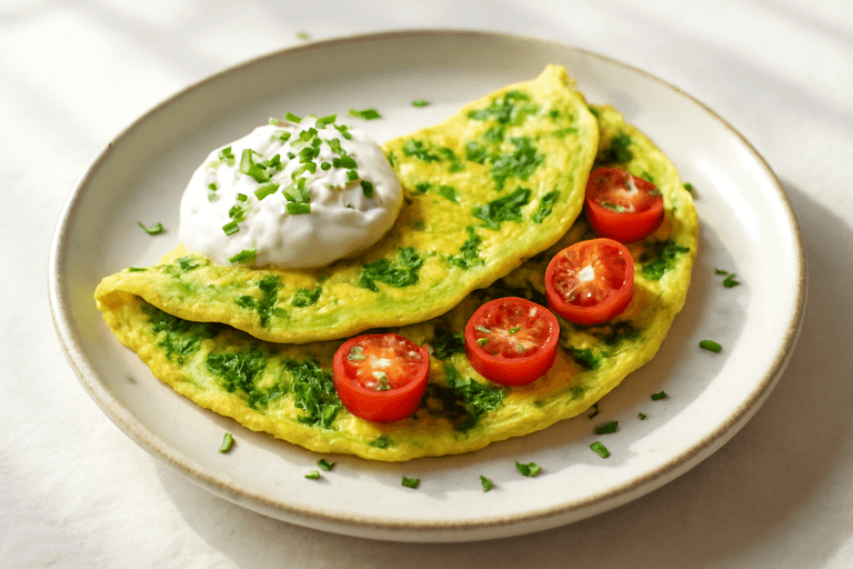 Omelette légère aux épinards, tomates et fromage blanc