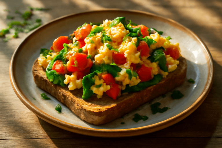 Mic dejun clasic energizant cu ouă și legume la tigaie