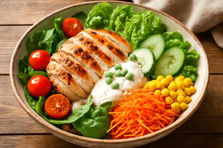 Salată clasică cu piept de pui la grătar și legume proaspete