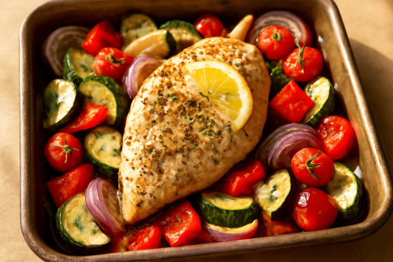 Pollo al horno con verduras mediterráneas