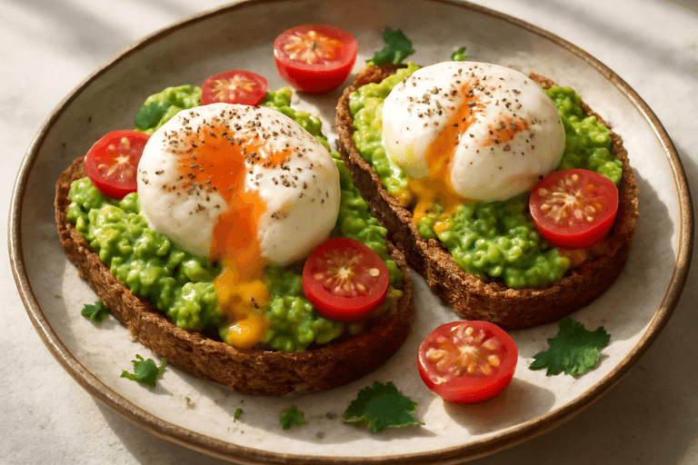 Tostadas Integrales con Aguacate, Huevo Pochado y Tomates Cherry