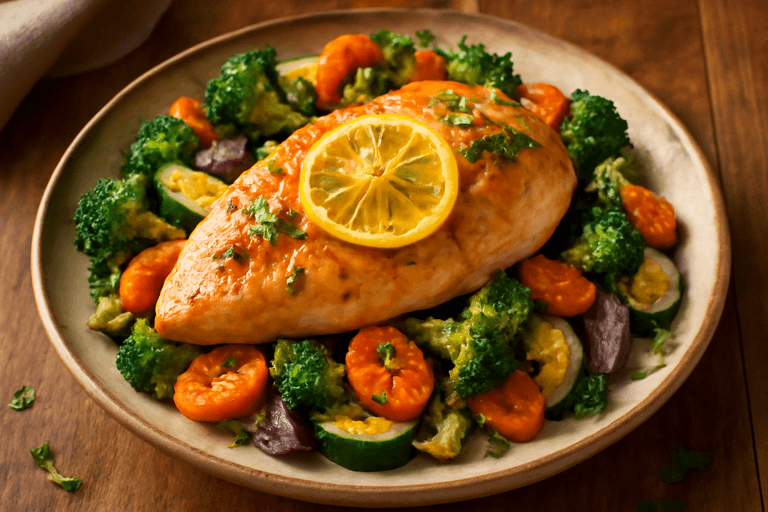 Zitronen-Hähnchen mit gebackenem Gemüse