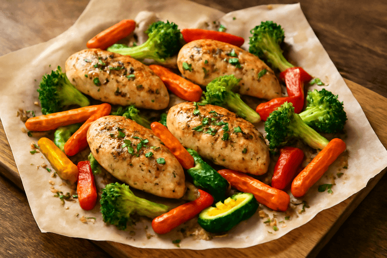 Pui la cuptor cu legume colorate și ierburi aromate