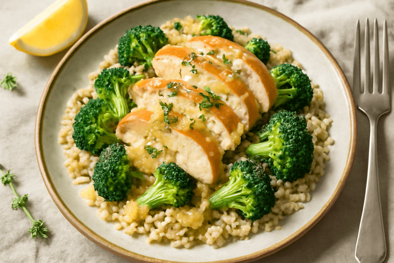 Κοτόπουλο με Μπρόκολο & Καστανό Ρύζι σε Λεμονάτη Σάλτσα