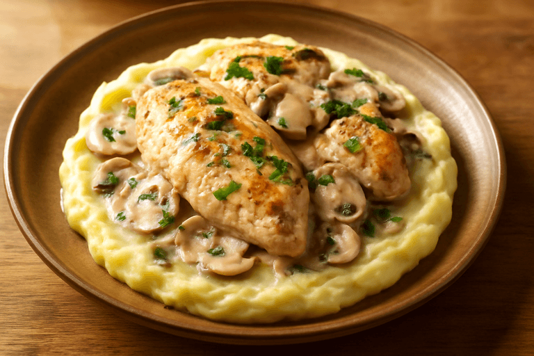 Pollo Cremoso con Champiñones y Puré de Papas