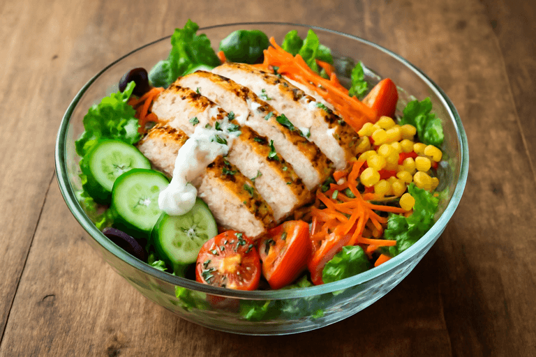 Salată de pui cu legume proaspete și sos de iaurt