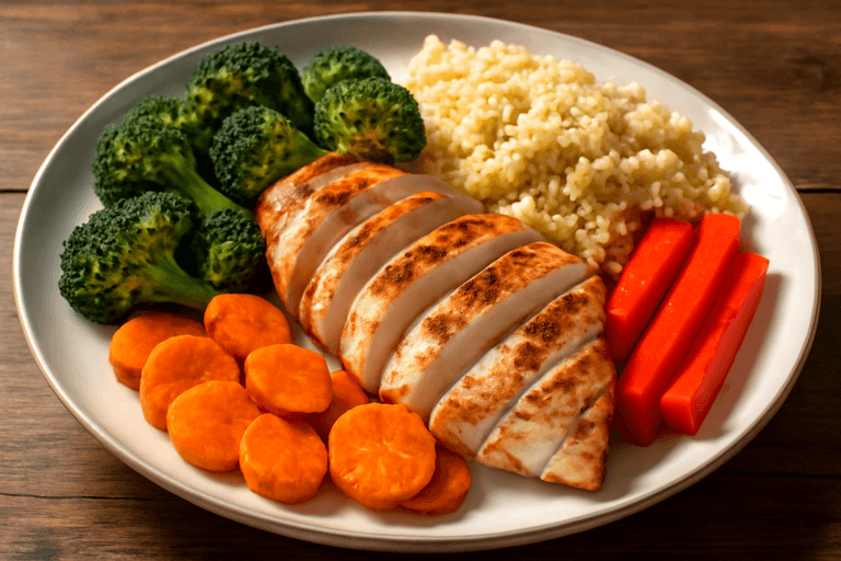 Piept de pui la grătar cu legume coapte și quinoa