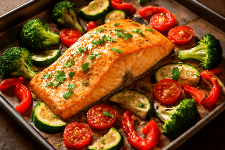 Salmón al horno con vegetales mediterráneos