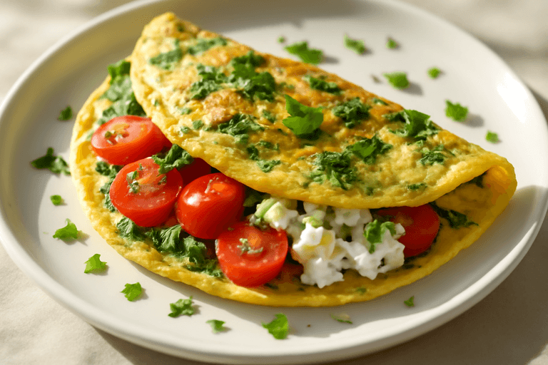 Omelete de Espinafre com Queijo Cottage e Tomate