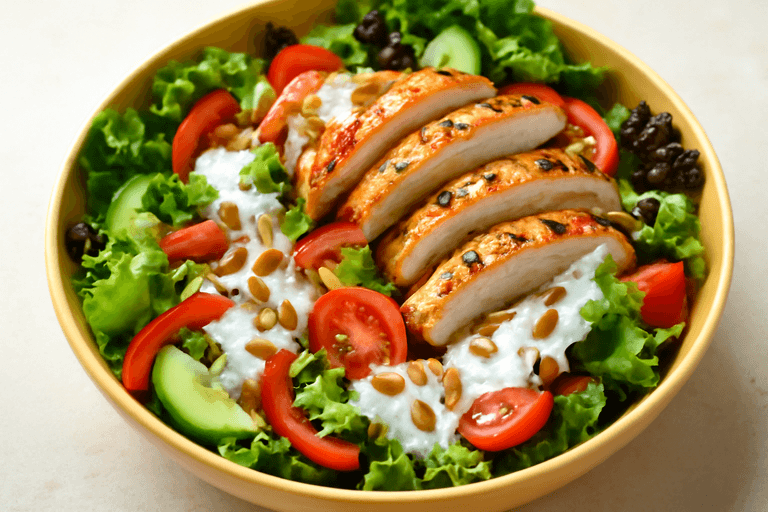 Salată clasică cu piept de pui la grătar și legume crocante