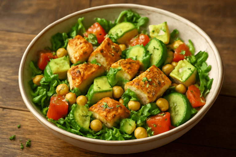 Proteinreicher Hühnchensalat mit Avocado und Kichererbsen