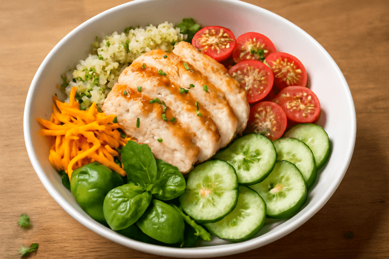 Salada Clássica de Frango Grelhado com Quinoa e Legumes Coloridos