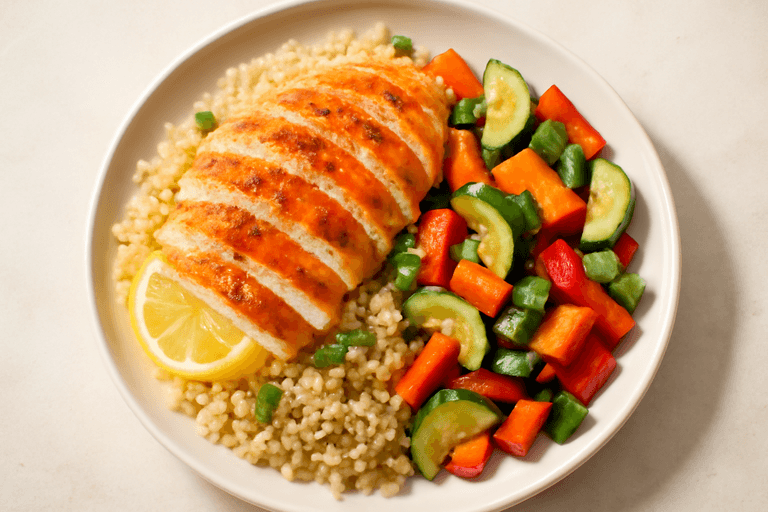 Frango Grelhado com Legumes Coloridos e Quinoa