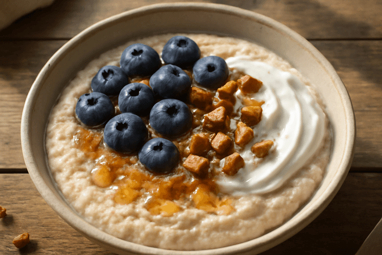 Protein-Porridge mit Heidelbeeren & gerösteten Mandeln