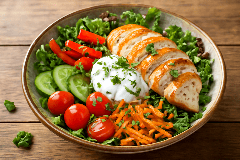 Salată de pui la grătar cu legume crocante și dressing de iaurt