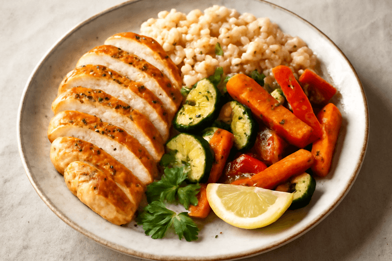 Piept de pui la grătar cu legume coapte și orez brun
