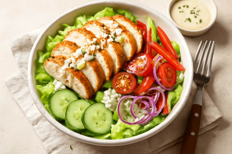 Sałatka z grillowanym kurczakiem, warzywami i dressingiem jogurtowym
