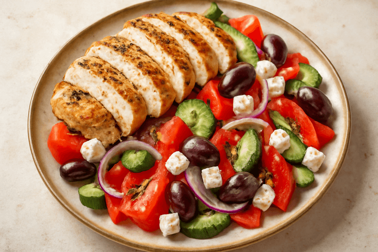 Κοτόπουλο στη σχάρα με σαλάτα χωριάτικη