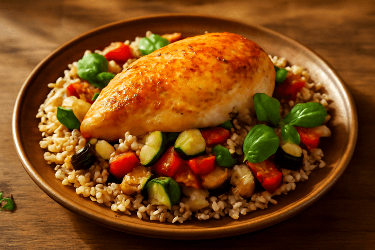 Hähnchenbrust auf mediterranem Gemüse mit Vollkornreis