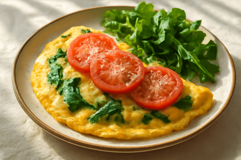Klassisk proteinrik omelett med spenat och tomat