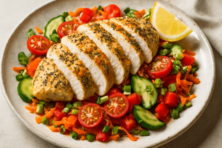 Piept de pui la grătar cu salată crocantă de legume