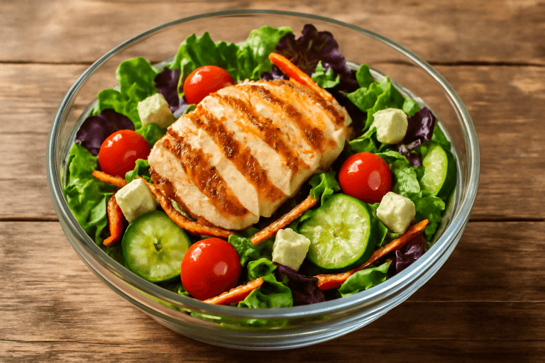 Salată proaspătă de pui cu legume colorate și dressing ușor