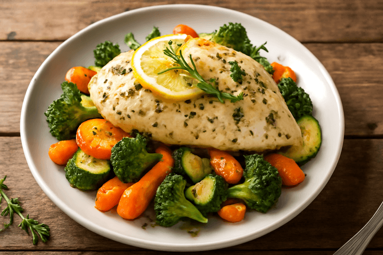 Leichtes Zitronen-Kräuter-Hähnchen mit Ofengemüse
