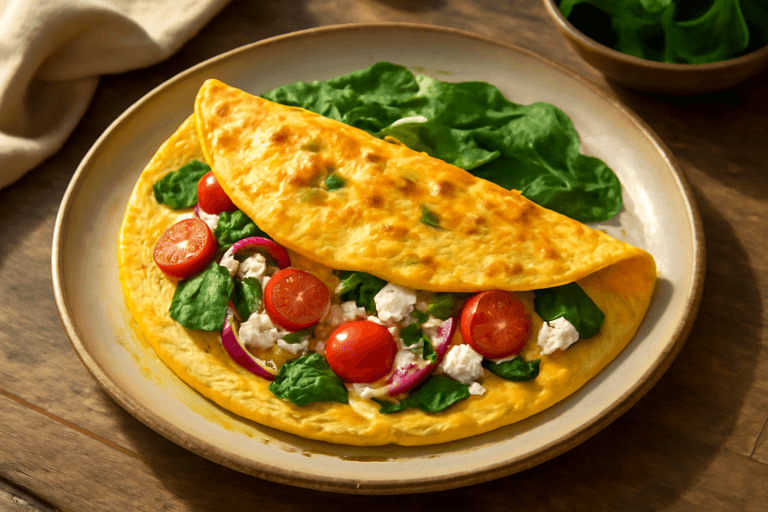 Omelette clásico alto en proteínas con espinacas y tomates