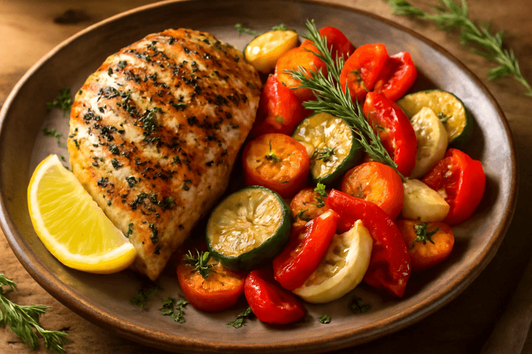 Poulet grillé aux herbes et légumes rôtis