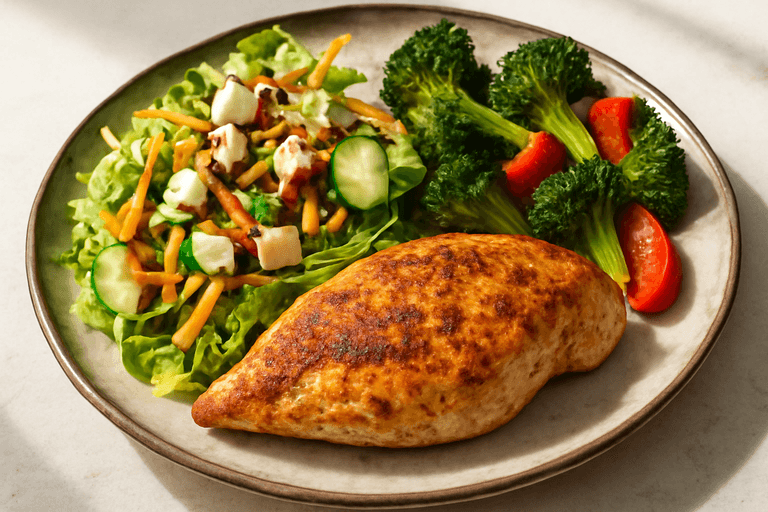 Κοτόπουλο σχάρας με πολύχρωμη σαλάτα και ψητά λαχανικά