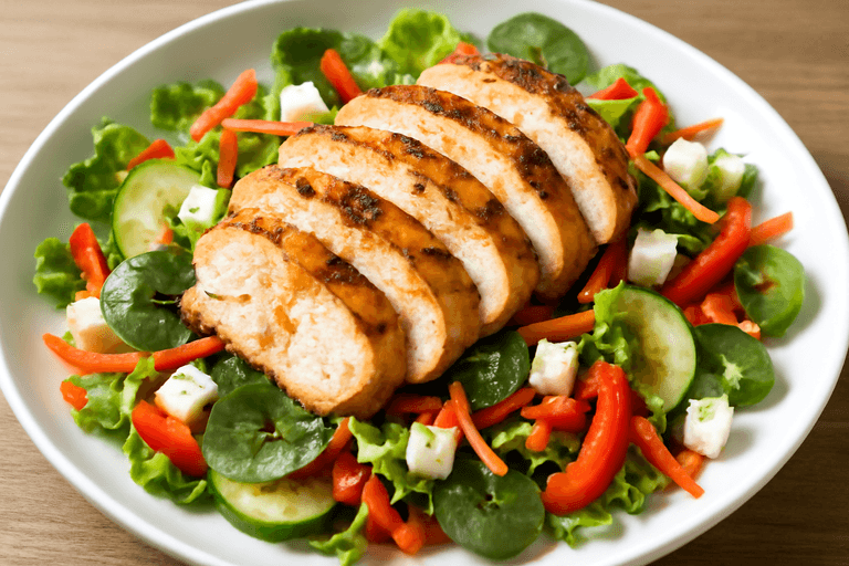 Κοτόπουλο σχάρας με πολύχρωμη σαλάτα & ελαφριά βινεγκρέτ