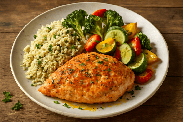 Lätt kycklingfile med rostade grönsaker och quinoa