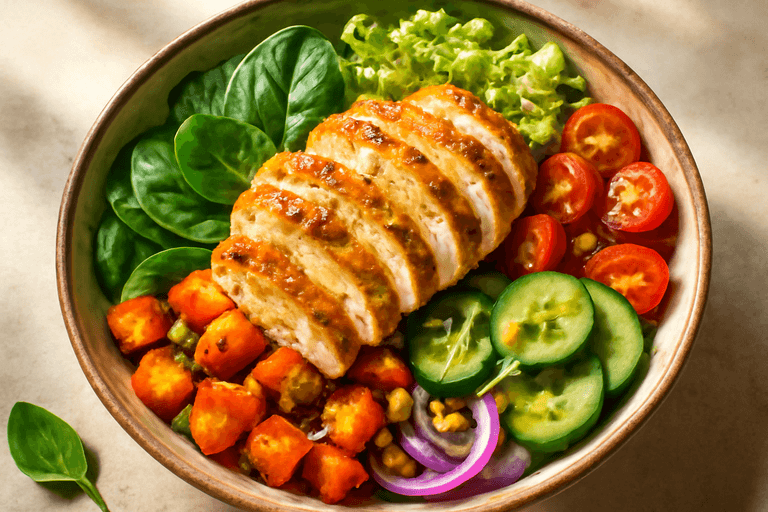 Klassisk kycklingsallad med rostade grönsaker