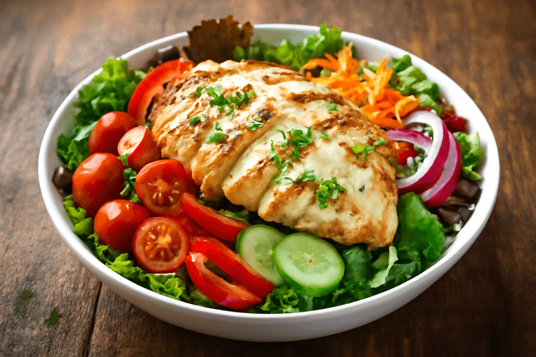 Salată de pui la grătar cu legume proaspete și dressing de iaurt